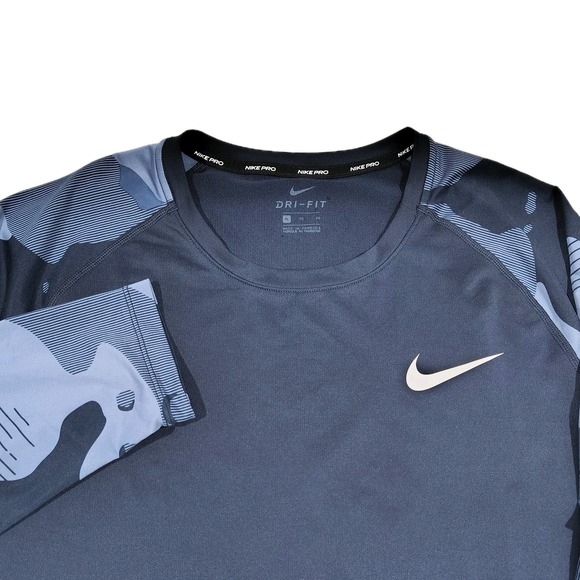 Nike Pro Shirt Mens XL Navy Blue Camo Dri-FIT Fitted Long Sleeve - Picture 3 of 10